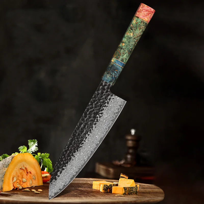 Couteau de cuisine japonais Couteau de chef en acier Damas VG10 forgé à la main de 20 cm