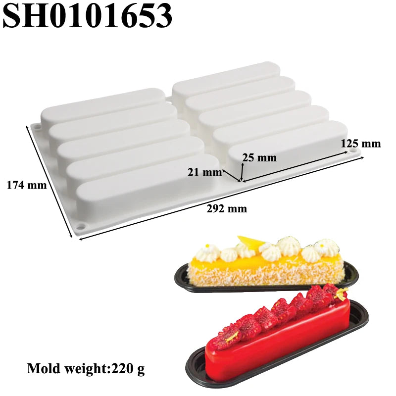 Moules à gâteau en silicone 10 cellules Forme de longue bande