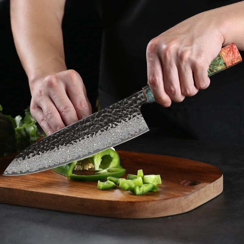 Couteau de cuisine japonais Couteau de chef en acier Damas VG10 forgé à la main de 20 cm